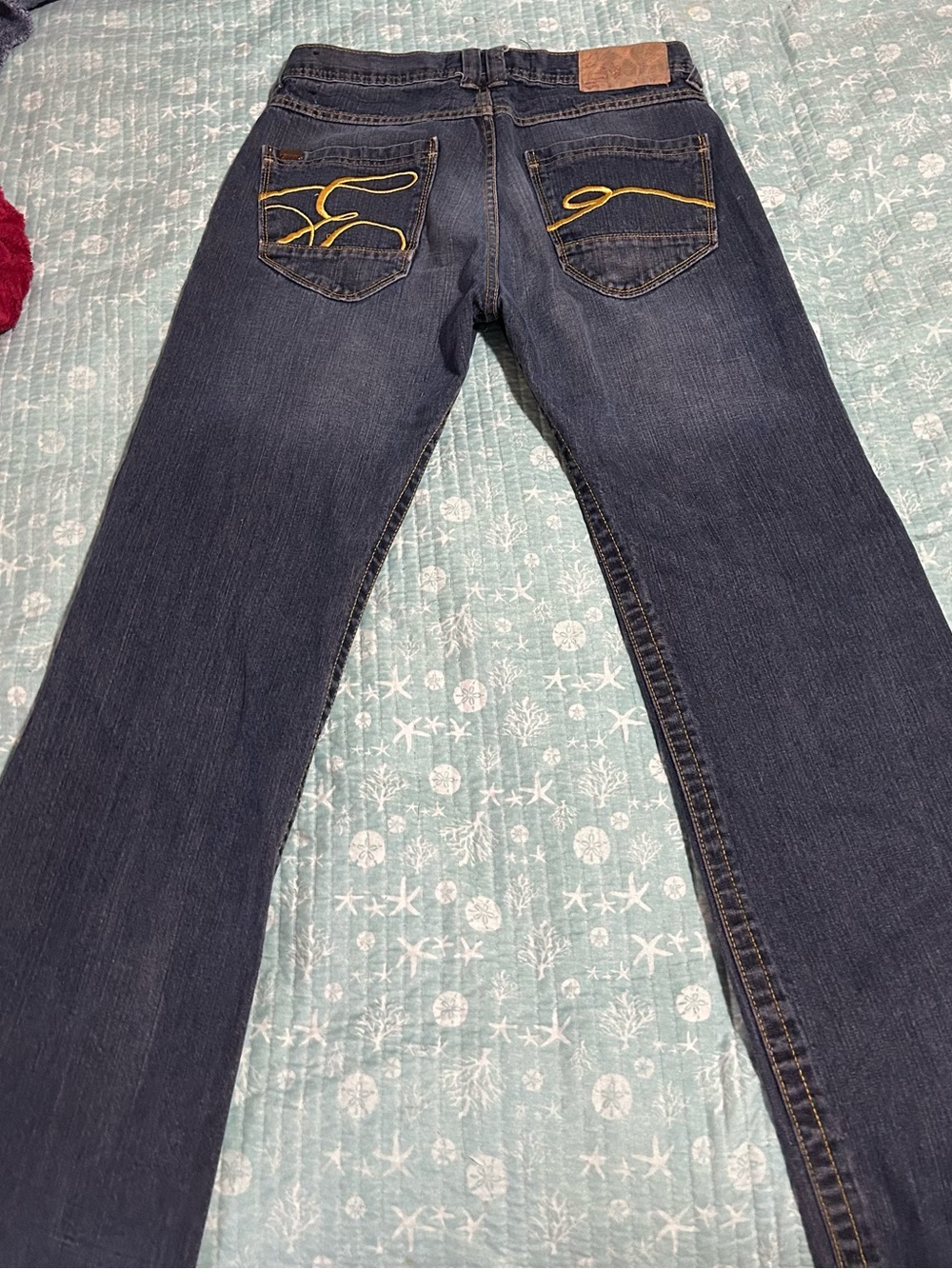 Enyce Dark Blue Boot-Cut Jeans with Yellow Pocket Stitching